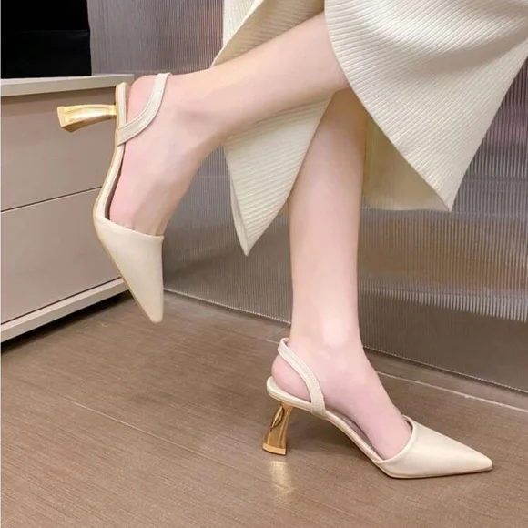 Ivory gold heel High Heeled Sandals, Pointed Toe slingback pumps - Picture 5 of 6